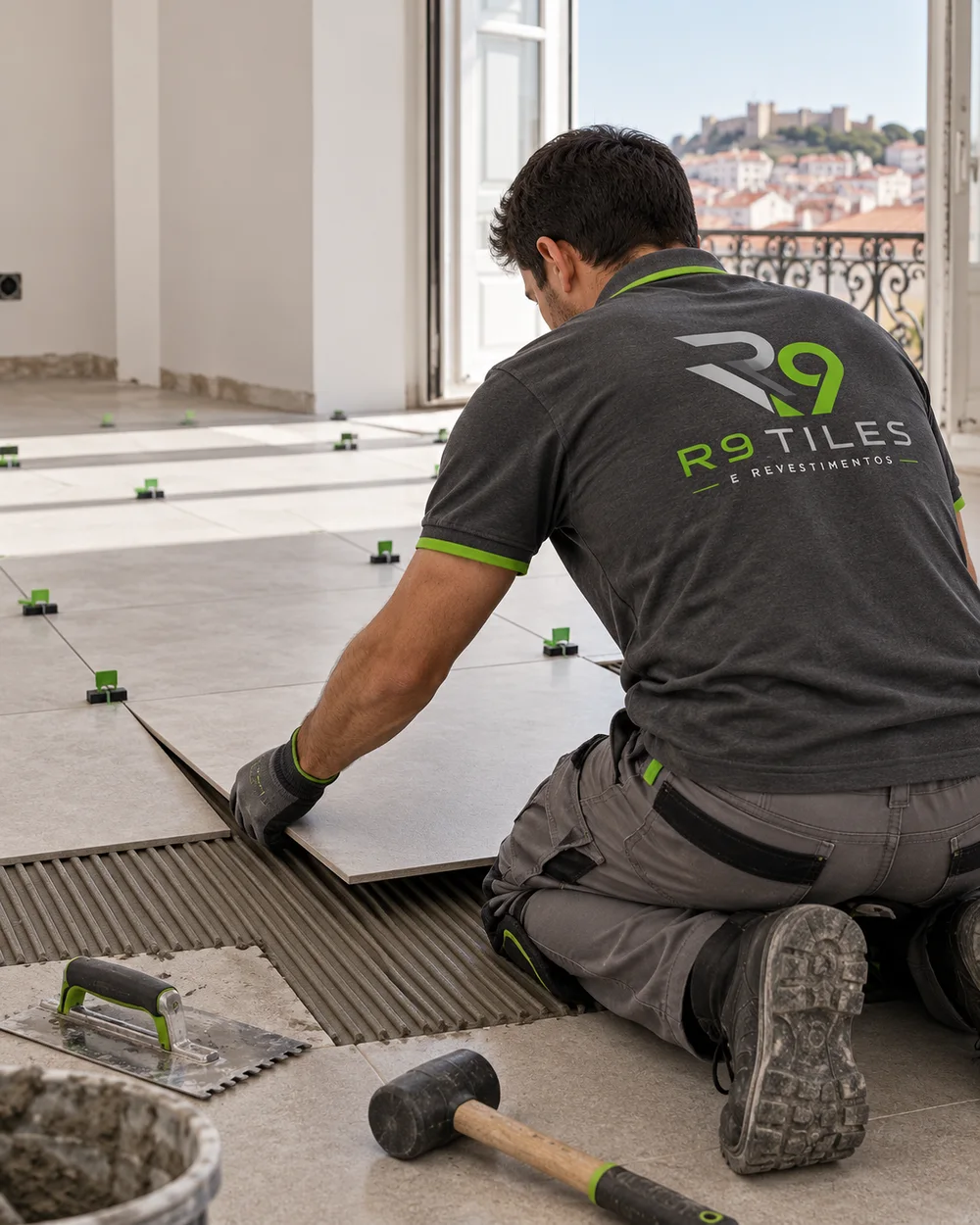 Imagem ilustrativa de profissional com uniforme R9 Tiles a assentar pavimento, com joelheiras e ferramentas